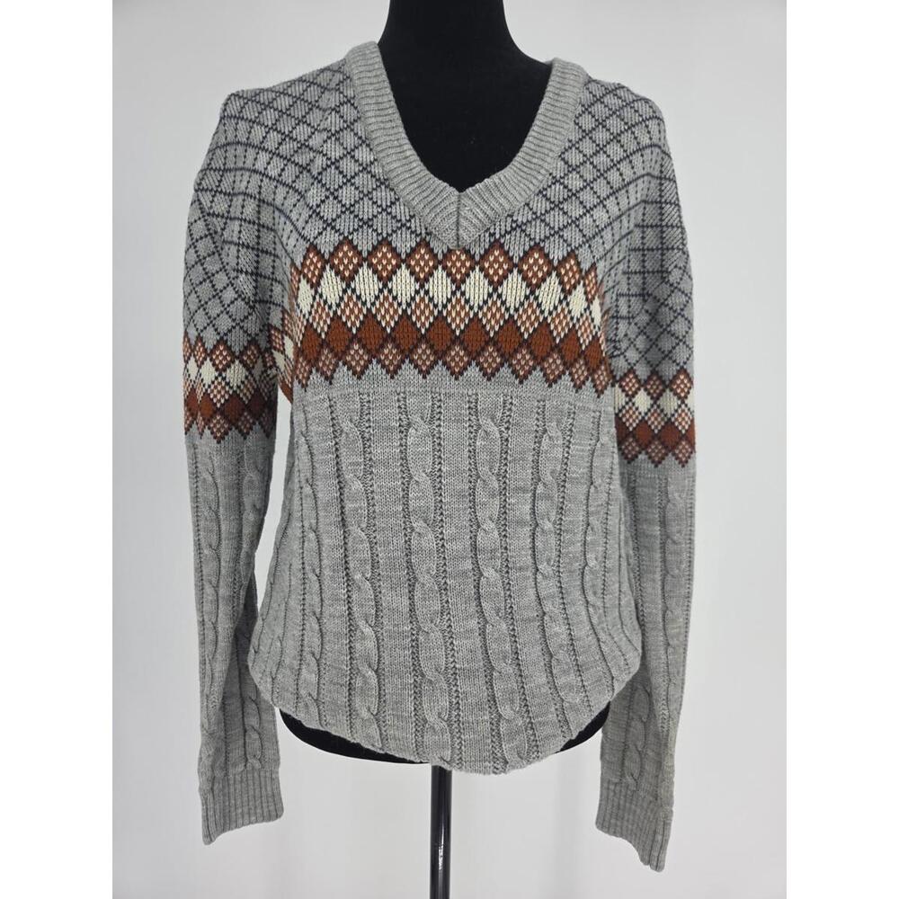 Vintage Montgomery‎ Wards Cable Knit Sweater Medium Gray Geometric Argyle